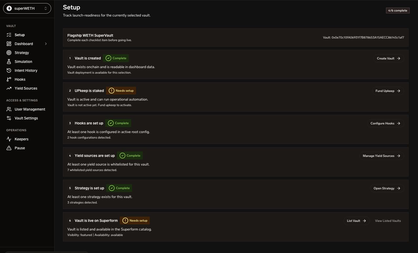 SuperformOS Setup Checklist - post-create readiness rows