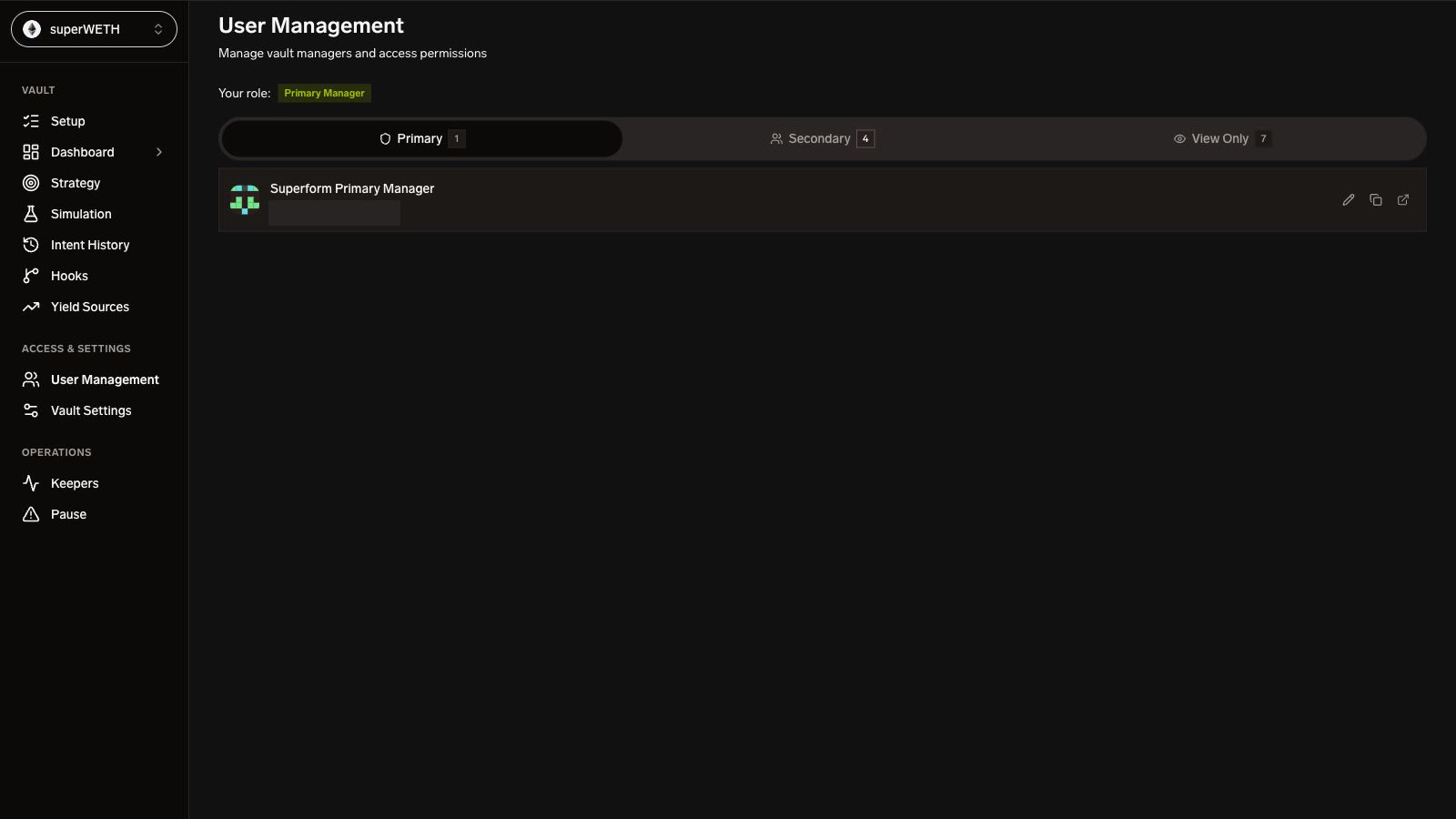 SuperformOS User Management — primary, secondary, and view-only access controls