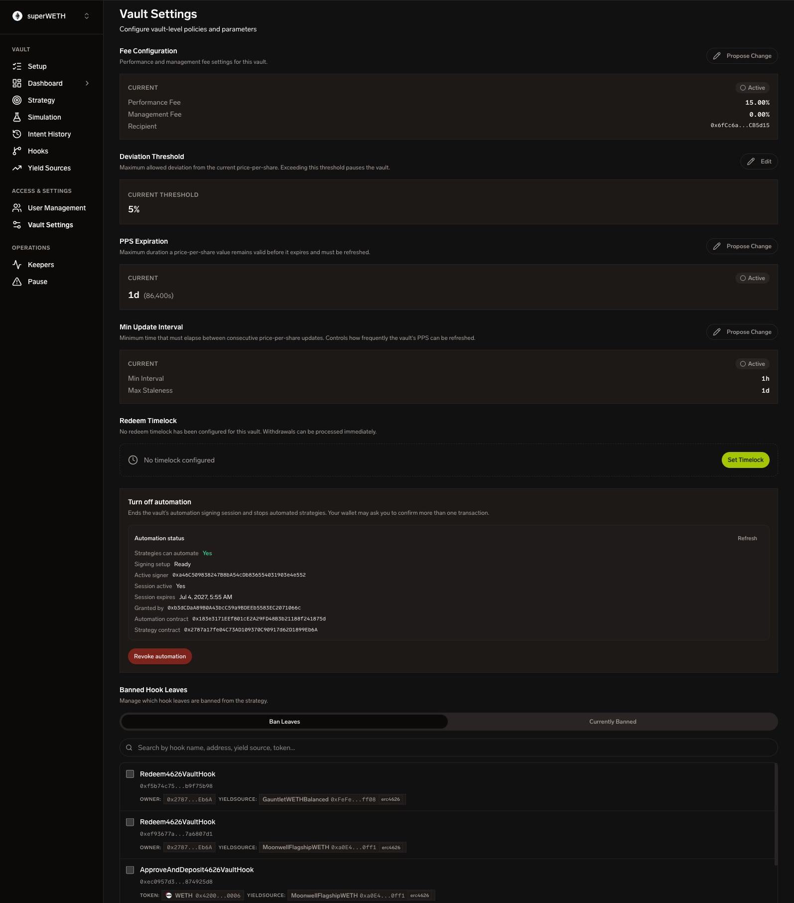 SuperformOS Vault Settings — upkeep activation and notification-channel controls
